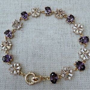 Elegant bracelet,oval purple gemstone,clear CZ snowflakes,gold plated.7.5”-7.75”